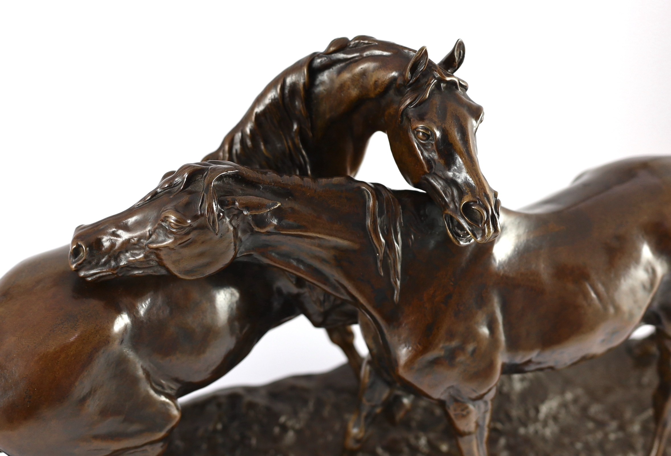 After Pierre Jules Mene (French, 1810-1879). A bronze group; L'Accolade (The Embrace), 44cm high 68cm long